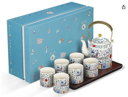 Ceramic Teapot with 6 Tea Cups Double Auspicious Phoenix Style Tea Service Gift Box for Décor