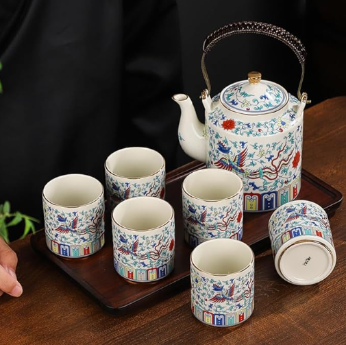 Ceramic Teapot with 6 Tea Cups Double Auspicious Phoenix Style Tea Service Gift Box for Décor