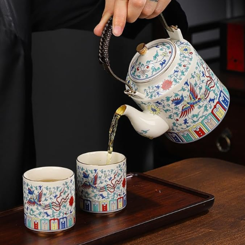 Ceramic Teapot with 6 Tea Cups Double Auspicious Phoenix Style Tea Service Gift Box for Décor